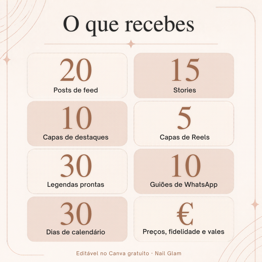 O que recebes no kit: posts, stories, capas, legendas, guiões e calendário
